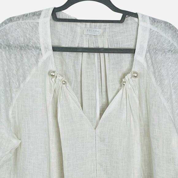 Escada Sport Tunic Top XL 100% Linen Lagenlook Pintucks Faux Pearl Accent White - Picture 3 of 12